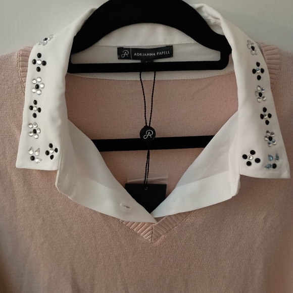 Adrianna Papell Blush/White Embellished Collar Layered Twofer Sweater Size L NWT - Picture 2 of 6